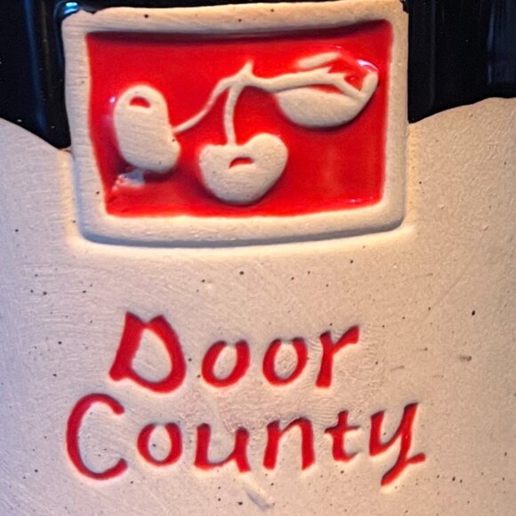 Door County CHERRIES Embossed Souvenir Pottery Mug ~ Unglazed & Black Glazed - Picture 2 of 9